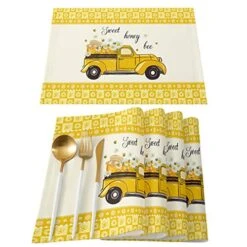 Washable Placemats For Dining Table Set Of 6,Sweet Honey Bee Yellow Truck Pull Honey Cute Flowers Border Non-Slip Heat Resistant Kitchen Table Mats Farmhouse Placemats