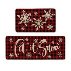 Artoid Mode Buffalo Plaid Snow Christmas Kitchen Rugs Set Of 2, Let It Snow Xmas Winter Holiday Party Low-Profile Floor Mat Decorations For Home Kitchen - 17x29 And 17x47 Inch