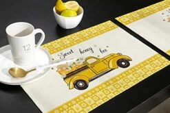 Washable Placemats For Dining Table Set Of 6,Sweet Honey Bee Yellow Truck Pull Honey Cute Flowers Border Non-Slip Heat Resistant Kitchen Table Mats Farmhouse Placemats -Generic Furniture Shop 517baZs9zcL
