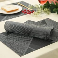 Placemats Heat Resistant Non Slip Washable PVC Place Mat, Woven Vinyl Placemats Set Of 4 (Geometric Line Black Grey) -Generic Furniture Shop 517kppNdwqL