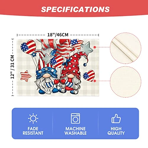 Gnomes Stars Love Heart Buffalo Plaid 4th Of July Placemats Set Of 4, 12x18 Inch Holiday Table Mats For Party Kitchen Dining Decoration 4 Gnomes Stars Love Heart Buffalo Plaid 4th Of July Placemats Set Of 4, 12x18 Inch Holiday Table Mats For Party Kitchen Dining Decoration - Image 4