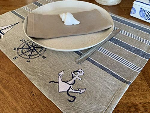 Nautical Placemats – Set Of 4 –– Cotton Decorative Embroidered Design - Natural, Navy Blue And White (Boat, Compass, Anchor) 2 Nautical Placemats – Set Of 4 –– Cotton Decorative Embroidered Design - Natural, Navy Blue And White (Boat, Compass, Anchor) - Image 2