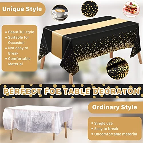 8 Pack Tablecloths And Satin Table Runner,Black And Gold Dot Tablecloth 54 X 108 Inch,Gold Satin Table Runners 11 X 108 Inch,Disposable Plastic Table Cloths For Parties Wedding Birthday Anniversary 4 8 Pack Tablecloths And Satin Table Runner,Black And Gold Dot Tablecloth 54 X 108 Inch,Gold Satin Table Runners 11 X 108 Inch,Disposable Plastic Table Cloths For Parties Wedding Birthday Anniversary - Image 4