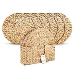Woven Placemats For Dining Table - Set Of 6 Adorable Thick Rustic Round Kitchen Placemats With Decorative Tall Holder – All Natural Wicker Tablemats Hand-Braided From Water Hyacinth, 13.5 Inch