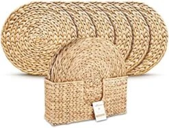 Woven Placemats For Dining Table - Set Of 6 Adorable Thick Rustic Round Kitchen Placemats With Decorative Tall Holder – All Natural Wicker Tablemats Hand-Braided From Water Hyacinth, 13.5 Inch -Generic Furniture Shop 51AlgJuvkcL. AC