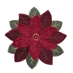 Christmas Placemats Set Of 4, Poinsettia Table Mats With Embroidered And Applique Velvet Fabric, 16 Inch X 16 Inch Diecut Placemat For XMAS Holiday Tabletop, Round Doilies For Dining Table, Red