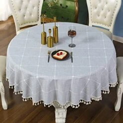 Round Grey Checkered Tablecloth Diameter 90 Inch Neutral Color Cotton Linen Table Cloth Heavy Weight Stitching Tassel Tablecloths For Dining Table Room Kitchen Picnic Outdoor