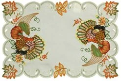 4PCS Fall Harvest Thanksgiving Placemats 11x17”, Embroidered Turkey Pumpkin Maple Leaf Place Mats Tray Cloths Ivory, Set Of 4 Pieces