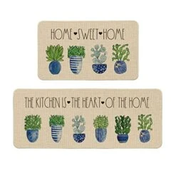 Artoid Mode Home Sweet Home Cactus Green Plant Pot Decorative Kitchen Mats Set Of 2, Home Seasonal Summer Holiday Party Low-Profile Floor Mat - 17x29 And 17x47 Inch