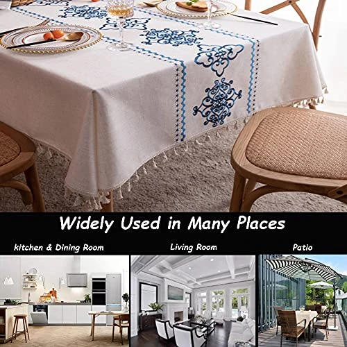 Table Cloth Embroidery Damask Pattern Wrinkle Free Heavy Weight Cotton Linen Farmhouse Tablecloth Decorative Fabric Tassel Table Cover For Outdoor And Indoor Use (Rectangle,55 X 87 Inch) 5 Table Cloth Embroidery Damask Pattern Wrinkle Free Heavy Weight Cotton Linen Farmhouse Tablecloth Decorative Fabric Tassel Table Cover For Outdoor And Indoor Use (Rectangle,55 X 87 Inch) - Image 5