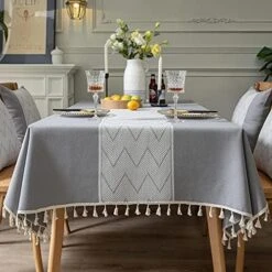 Rectangle Square Tablecloths Knitted Embroidery Textured Tassel Cotton Linen Decorative Oblong Table Cover For Kitchen Dining Room Picnic (55x87 Inch,Grey) -Generic Furniture Shop 51CU1wqzMVS. AC 1