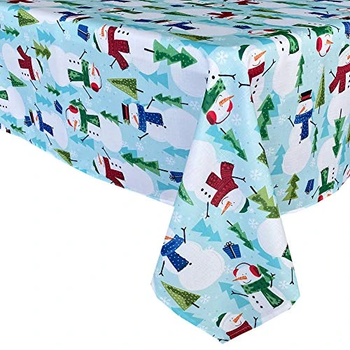 Blue Snowman Fun Christmas Fabric Tablecloth, Cheerful Snowmen And Evergreen Tree Print Xmas Soil Resistant, No Iron Easy Care Tablecloth, 52 Inch X 70 Inch Oblong/Rectangle 3 Blue Snowman Fun Christmas Fabric Tablecloth, Cheerful Snowmen And Evergreen Tree Print Xmas Soil Resistant, No Iron Easy Care Tablecloth, 52 Inch X 70 Inch Oblong/Rectangle - Image 3