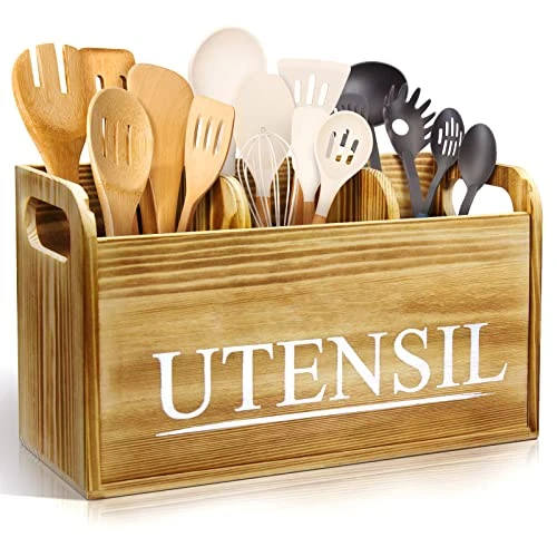 Brekle Rustic Kitchen Utensil Holder Larger Wooden Utensil Holder For Kitchen Counter 3 Compartment For Efficient Utensil Organizer And Cooking Tools Storage 1 Brekle Rustic Kitchen Utensil Holder Larger Wooden Utensil Holder For Kitchen Counter 3 Compartment For Efficient Utensil Organizer And Cooking Tools Storage