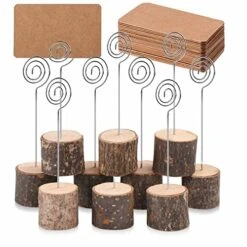 10Pcs Premium Wood Place Card Holders With Swirl Wire And 20 Pcs Kraft Place Cards, Rustic Wood Table Number Holders Stands, Name Cards Photo Holders For Wedding Party Sign Food Cards Label
