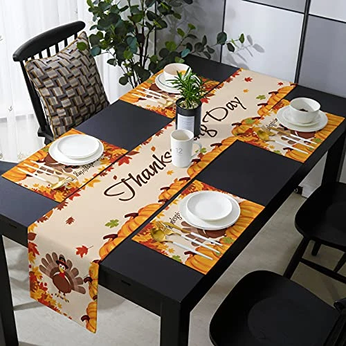 Thanksgiving Table Runner With Placemats Set Of 6 - Happy Thanksgiving Turkey Autumn Fall Harvest Pumpkin Maple Leaves 13 X 90 Inch Table Runner Set Cotton Linen Table Mats For Dining Table 3 Thanksgiving Table Runner With Placemats Set Of 6 - Happy Thanksgiving Turkey Autumn Fall Harvest Pumpkin Maple Leaves 13 X 90 Inch Table Runner Set Cotton Linen Table Mats For Dining Table - Image 3