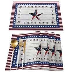 Independence Day Placemats Set Of 6, Cotton Linen Table Mats Non-Slip Washable July 4th Patriotic USA Flag Theme Stars Blue Red Stripe Placemat For Holiday Party Kitchen Dining Table Decor