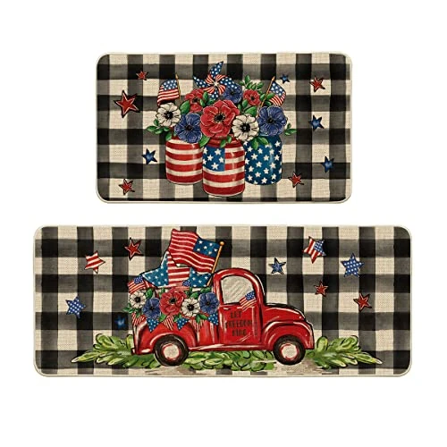 Artoid Mode Watercolor Buffalo Plaid Vase Stars Truck Kitchen Mats Set Of 2, 4th Of July Patriotic Liberty Decorations For Home Kitchen - 17x29 And 17x47 Inch 1 Artoid Mode Watercolor Buffalo Plaid Vase Stars Truck Kitchen Mats Set Of 2, 4th Of July Patriotic Liberty Decorations For Home Kitchen - 17x29 And 17x47 Inch