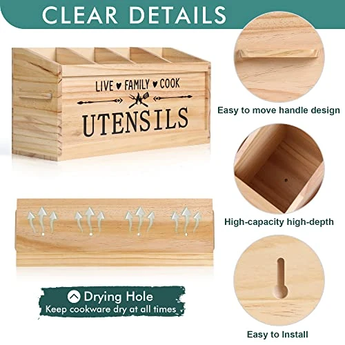 Utensil Holder, Extra Large Kitchen Utensil Holder For Countertop, Wood Utensil Holder With Handle, Kitchen Utensil Organizer Cooking Tools Storage (Utensil Not Included) 2 Utensil Holder, Extra Large Kitchen Utensil Holder For Countertop, Wood Utensil Holder With Handle, Kitchen Utensil Organizer Cooking Tools Storage (Utensil Not Included) - Image 2