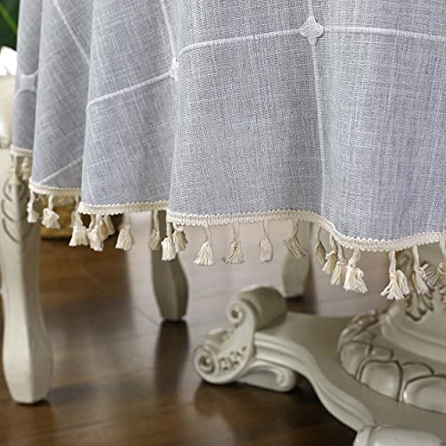 Round Grey Checkered Tablecloth Diameter 90 Inch Neutral Color Cotton Linen Table Cloth Heavy Weight Stitching Tassel Tablecloths For Dining Table Room Kitchen Picnic Outdoor 4 Round Grey Checkered Tablecloth Diameter 90 Inch Neutral Color Cotton Linen Table Cloth Heavy Weight Stitching Tassel Tablecloths For Dining Table Room Kitchen Picnic Outdoor - Image 4