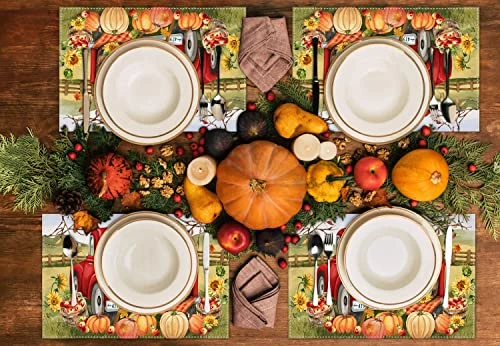 Fall Pumpkin Placemats For Dining Table, 12 X 18 Inch Farm Apples Sunflower Truck Autumn Thanksgiving Seasonal Holiday Decoration Rustic Washable Table Mats Set Of 4 3 Fall Pumpkin Placemats For Dining Table, 12 X 18 Inch Farm Apples Sunflower Truck Autumn Thanksgiving Seasonal Holiday Decoration Rustic Washable Table Mats Set Of 4 - Image 3