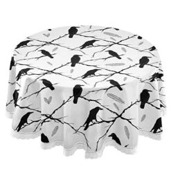 Table Decoration For Party Ravens Tree Branches And Feathers Round Table Cloth, Black Crows Polyester White Lace Tablecloth Round Table 60 Inch For Dinner Table Decor