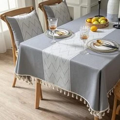 Rectangle Square Tablecloths Knitted Embroidery Textured Tassel Cotton Linen Decorative Oblong Table Cover For Kitchen Dining Room Picnic (55x87 Inch,Grey) -Generic Furniture Shop 51IEZgCr0AS
