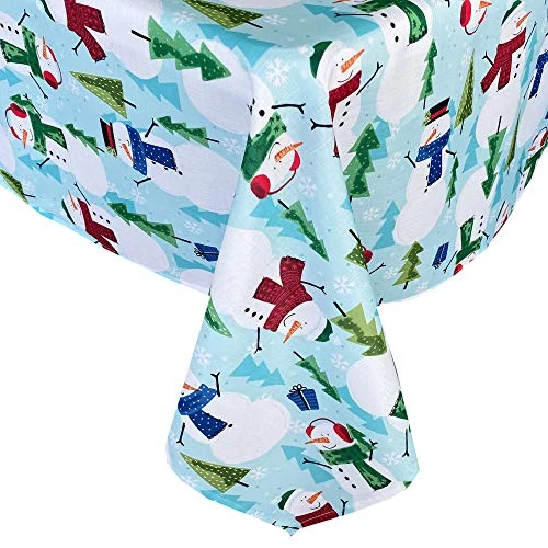 Blue Snowman Fun Christmas Fabric Tablecloth, Cheerful Snowmen And Evergreen Tree Print Xmas Soil Resistant, No Iron Easy Care Tablecloth, 52 Inch X 70 Inch Oblong/Rectangle 5 Blue Snowman Fun Christmas Fabric Tablecloth, Cheerful Snowmen And Evergreen Tree Print Xmas Soil Resistant, No Iron Easy Care Tablecloth, 52 Inch X 70 Inch Oblong/Rectangle - Image 5