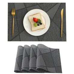 Placemats Heat Resistant Non Slip Washable PVC Place Mat, Woven Vinyl Placemats Set Of 4 (Geometric Line Black Grey)