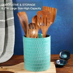 Kitchen Utensil Holder, Ceramic Utensil Crock Large Utensil Holder For Countertop, Relief Design Cooking Utensil Organizer For Kitchen Wedding/Birthday/Housewarming Gift, Turquoise Color -Generic Furniture Shop 51KSFg07TiL