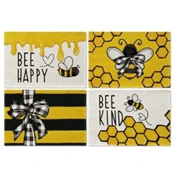 Bee Kind Be Happy Honey Summer Placemats For Dining Table, 12 X 18 Inch Spring Seasonal Holiday Decoration Rustic Vintage Washable Table Mats Set Of 4