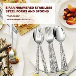 24-Piece Hammered Forks And Spoons Silverware Set, E-far Stainless Steel Square 12 Dinner Forks And 12 Dinner Spoons, Modern Metal Flatware Cutlery For Kitchen And Restaurant, Dishwasher Safe-7.9 Inch -Generic Furniture Shop 51Mfhc0VrsL