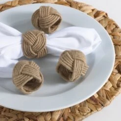 Classic Braided Jute Burlap Napkin Rings, Natural Color, Set Of 4