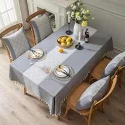 Rectangle Square Tablecloths Knitted Embroidery Textured Tassel Cotton Linen Decorative Oblong Table Cover For Kitchen Dining Room Picnic (55x87 Inch,Grey) -Generic Furniture Shop 51NFA1X7KGS