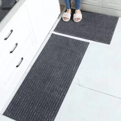 BEQHAUSE Kitchen Floor Mat Dark Grey Kitchen Rugs Non Slip Machine Washable Kitchen Mat Set Of 2 With TPR Backing 100% Polyester Soft And Absorbent Kitchen Mats For Floor 20x30inch/20x48inch