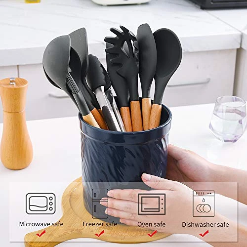 Kitchen Utensil Holder, Large Ceramic Utensil Crock, Deep And Stable, Utensils Caddy Texture Series (Dark Blue) 5 Kitchen Utensil Holder, Large Ceramic Utensil Crock, Deep And Stable, Utensils Caddy Texture Series (Dark Blue) - Image 5