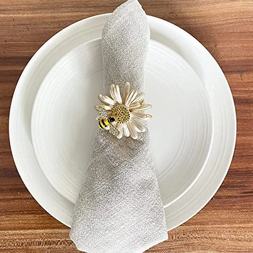 Set Of 6 Bee Napkin Rings Modern Daisy Flower Napkin Holder Tablescape Table Place Setting Party Wedding Dining Decor Accessories (Cream) 3 Set Of 6 Bee Napkin Rings Modern Daisy Flower Napkin Holder Tablescape Table Place Setting Party Wedding Dining Decor Accessories (Cream) - Image 3
