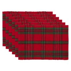 Farmhouse Christmas Plaid Dining Table & Kitchen Décor, Holiday Placemat Set, 13x19, Red & Green, 6 Count