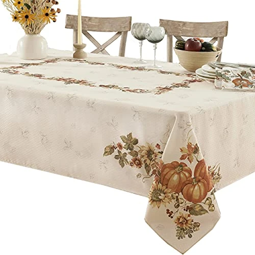 Stockbridge Pumpkin Harvest Bordered Thanksgiving, Autumn Fall Leaf, Sunflower And Acorn Border Print Easy Care Fabric Tablecloth, 60 Inch X 84 Inch Oblong/Rectangle 2 Stockbridge Pumpkin Harvest Bordered Thanksgiving, Autumn Fall Leaf, Sunflower And Acorn Border Print Easy Care Fabric Tablecloth, 60 Inch X 84 Inch Oblong/Rectangle - Image 2