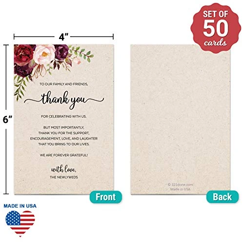 Thank You Placecards For Wedding (Set Of 50) Large 4" X 6" Table Place Setting Cards Rustic - Made In USA - Watercolor Red Roses Floral Kraft Tan 1 Thank You Placecards For Wedding (Set Of 50) Large 4" X 6" Table Place Setting Cards Rustic - Made In USA - Watercolor Red Roses Floral Kraft Tan