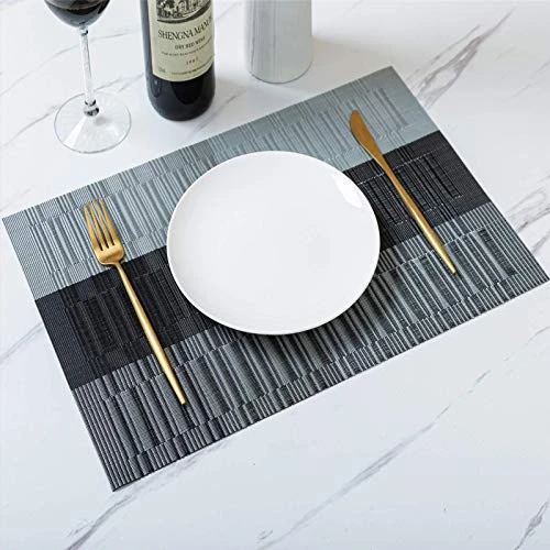 Lacemats Set Of 4 For PVC Dining Table Woven Vinyl Non-Slip Washable Cloth Heat Resistant Place Mats For Farmhouse Kitchen Decor Insulation Square Plate Mat (Black And Grey) 2 Lacemats Set Of 4 For PVC Dining Table Woven Vinyl Non-Slip Washable Cloth Heat Resistant Place Mats For Farmhouse Kitchen Decor Insulation Square Plate Mat (Black And Grey) - Image 2