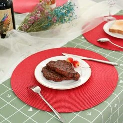 GENERIC Round Placemats Set Of 6 - Woven Red Place Mats Indoor For Dining Table - Washable Heat Resistant Farmhouse Table Mat - Plastic Vinyl Placemat - Table Mats Decorations For Dining Room -Generic Furniture Shop 51QpfuleJqL