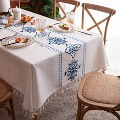 Table Cloth Embroidery Damask Pattern Wrinkle Free Heavy Weight Cotton Linen Farmhouse Tablecloth Decorative Fabric Tassel Table Cover For Outdoor And Indoor Use (Rectangle,55 X 87 Inch) 16 Table Cloth Embroidery Damask Pattern Wrinkle Free Heavy Weight Cotton Linen Farmhouse Tablecloth Decorative Fabric Tassel Table Cover For Outdoor And Indoor Use (Rectangle,55 X 87 Inch) -Generic Furniture Shop 51R62wdG9yS