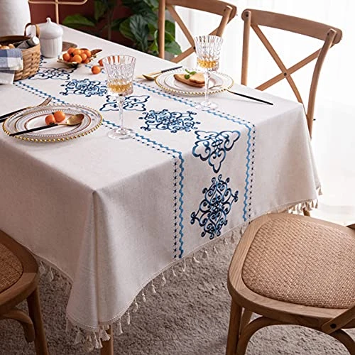 Table Cloth Embroidery Damask Pattern Wrinkle Free Heavy Weight Cotton Linen Farmhouse Tablecloth Decorative Fabric Tassel Table Cover For Outdoor And Indoor Use (Rectangle,55 X 87 Inch) 3 Table Cloth Embroidery Damask Pattern Wrinkle Free Heavy Weight Cotton Linen Farmhouse Tablecloth Decorative Fabric Tassel Table Cover For Outdoor And Indoor Use (Rectangle,55 X 87 Inch) - Image 3