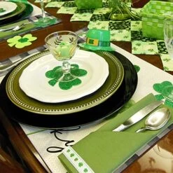 St Patricks Day Green Shamrock Placemats 12X18 Inches Set Of 4, Buffalo Plaid Vase Spring Seasonal Holiday Decor For Dining Table Indoor Home Farmhouse Tabletop Decoration AP253