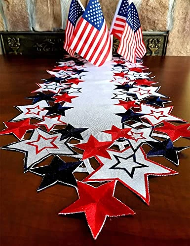 Holiday Patriotic Table Runner 4th Of July Independence Day Embroiderd Cutwork Blue&Red Stars Dresser Scarf For American Memorial Day Holiday Tabletop Decoration (Rectangular, 13"X34") 6 Holiday Patriotic Table Runner 4th Of July Independence Day Embroiderd Cutwork Blue&Red Stars Dresser Scarf For American Memorial Day Holiday Tabletop Decoration (Rectangular, 13"X34") - Image 6
