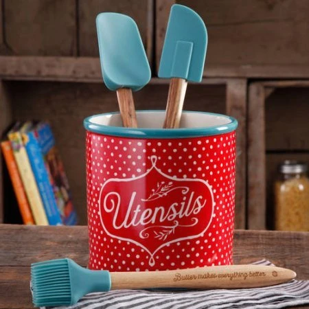 Flea Market 4-Piece Utensil Set With Crock Holder - Polka Dot 1 Flea Market 4-Piece Utensil Set With Crock Holder - Polka Dot