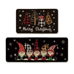 Artoid Mode Buffalo Plaid Christmas Tree Gnomes Black Decorative Kitchen Rugs Set Of 2, Winter Holiday Party Low-Profile Floor Mat Merry Christmas Decorations For Home Kitchen - 17x29 And 17x47 Inch