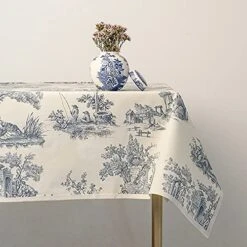 Eautiful Washable Tablecloth Jouy Blue, 100% Organic Cotton, Spill Proof, Waterproof, Easy To Clean And Washable. For Rectangular Table 55x78 Inches. Hand Made In Spain.