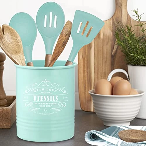 Large Farmhouse Kitchen Utensil Holder For Countertop - Kitchen Utensil Caddy - Teal Cooking Utensils Holder For Kitchen Counter - Utensil Organizer Jar For Wooden Spoon And Spatulas 2 Large Farmhouse Kitchen Utensil Holder For Countertop - Kitchen Utensil Caddy - Teal Cooking Utensils Holder For Kitchen Counter - Utensil Organizer Jar For Wooden Spoon And Spatulas - Image 2
