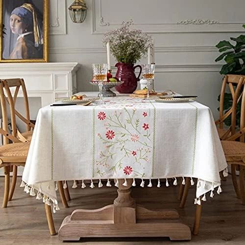 Table Cloth Embroidery Damask Pattern Wrinkle Free Heavy Weight Cotton Linen Farmhouse Tablecloth Decorative Fabric Tassel Table Cover For Outdoor And Indoor Use (Rectangle,55 X 87 Inch) 14 Table Cloth Embroidery Damask Pattern Wrinkle Free Heavy Weight Cotton Linen Farmhouse Tablecloth Decorative Fabric Tassel Table Cover For Outdoor And Indoor Use (Rectangle,55 X 87 Inch) - Image 14